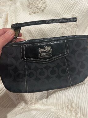 Coach Black Signature Wristlet with Silver Horse & Carriage Plaque
